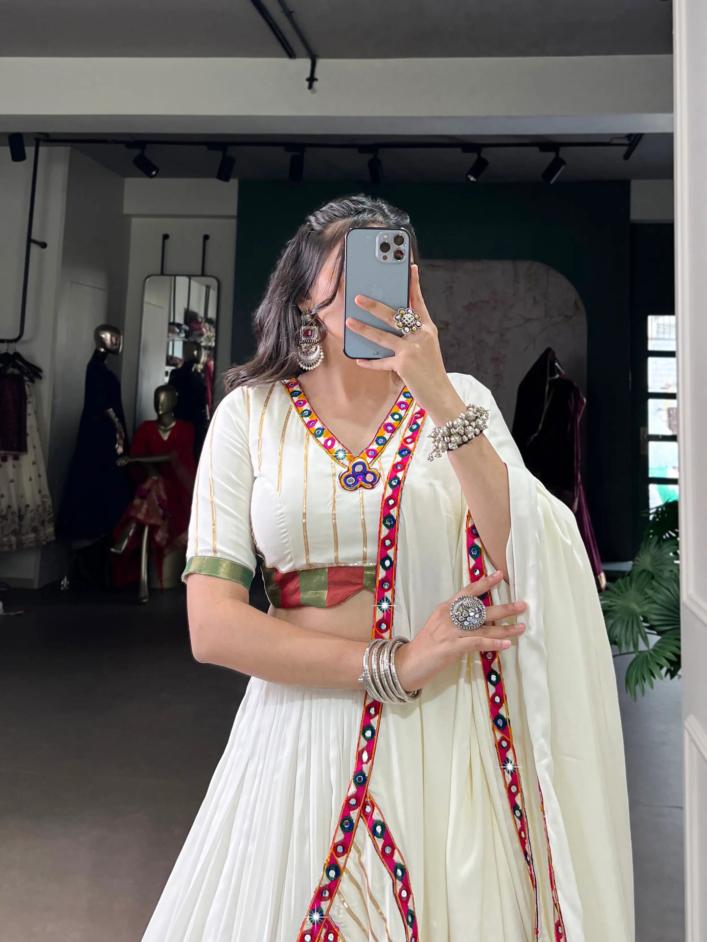 White Rayon Navratri Lehenga Choli With Gamthi Work