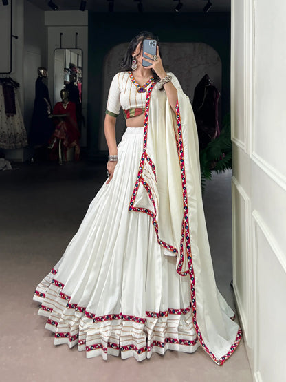 White Rayon Navratri Lehenga Choli With Gamthi Work