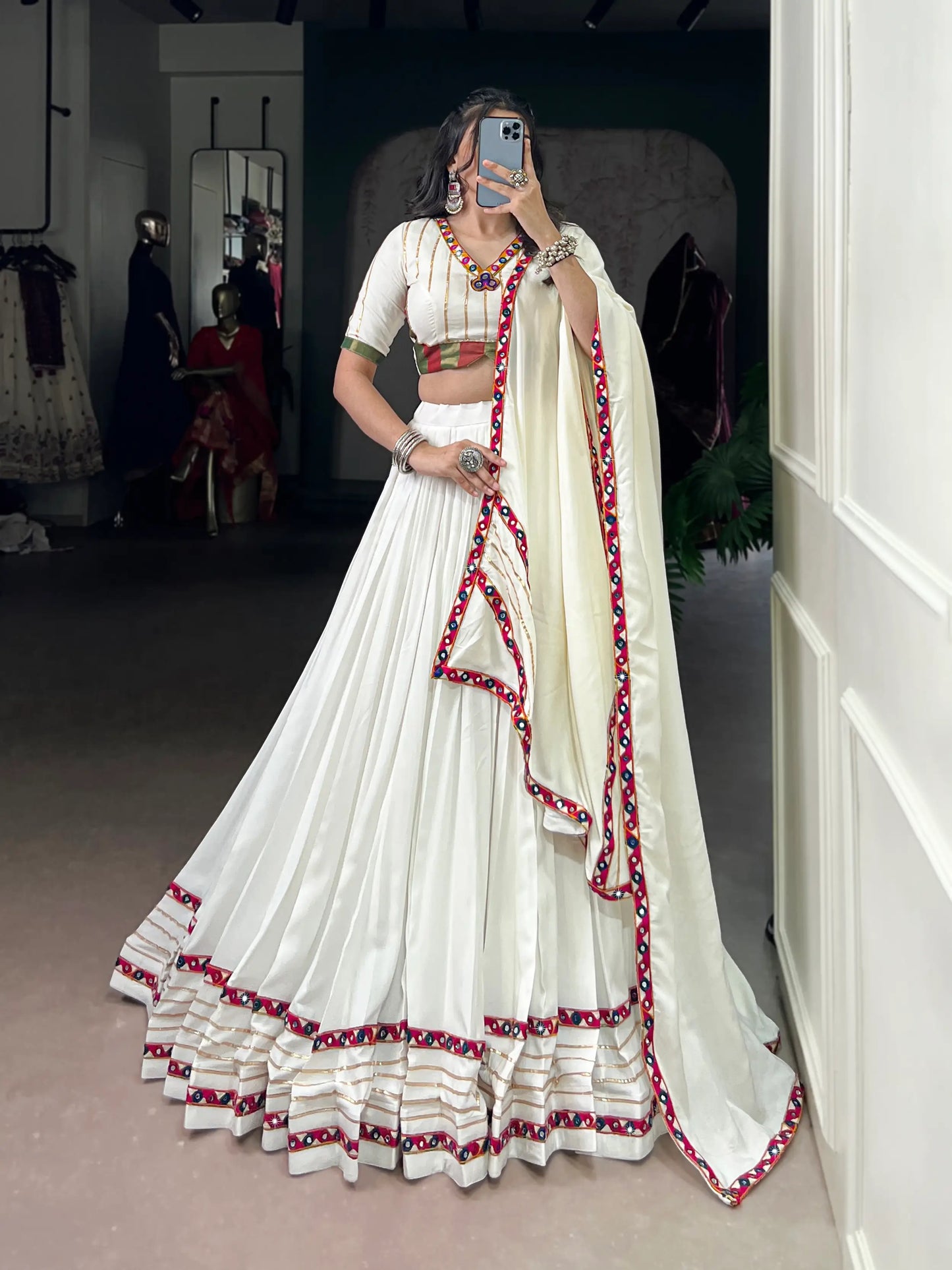 White Rayon Navratri Lehenga Choli With Gamthi Work