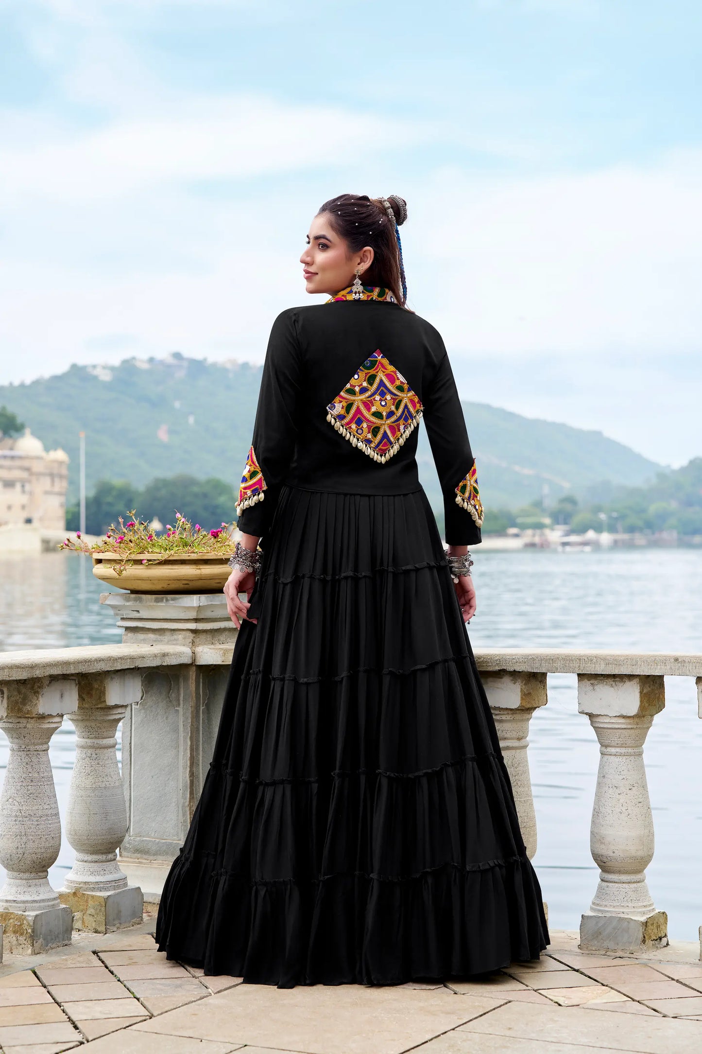 Black Rayon Gamthi Work Navratri Lehenga with Koti