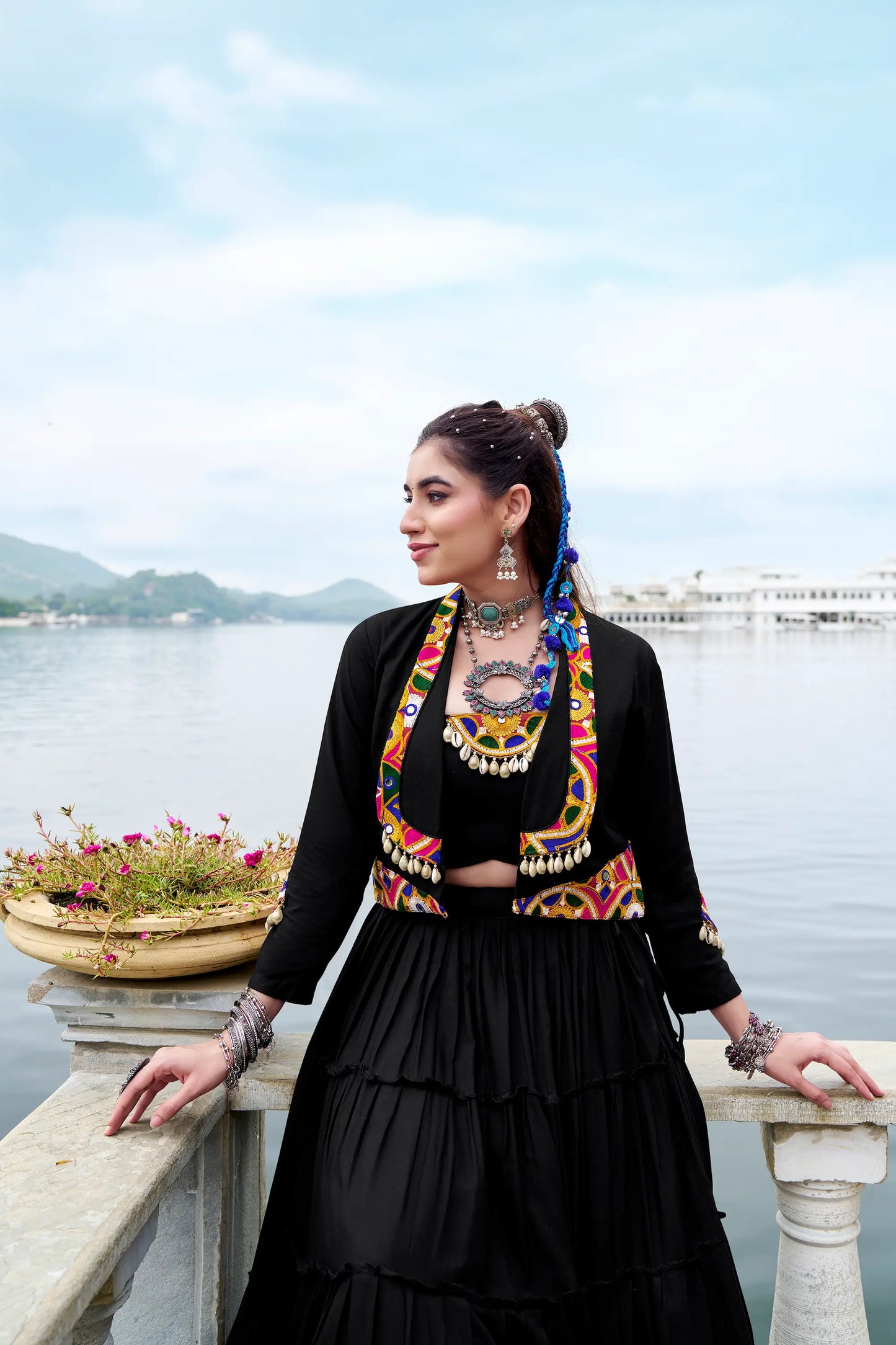 Black Rayon Gamthi Work Navratri Lehenga with Koti