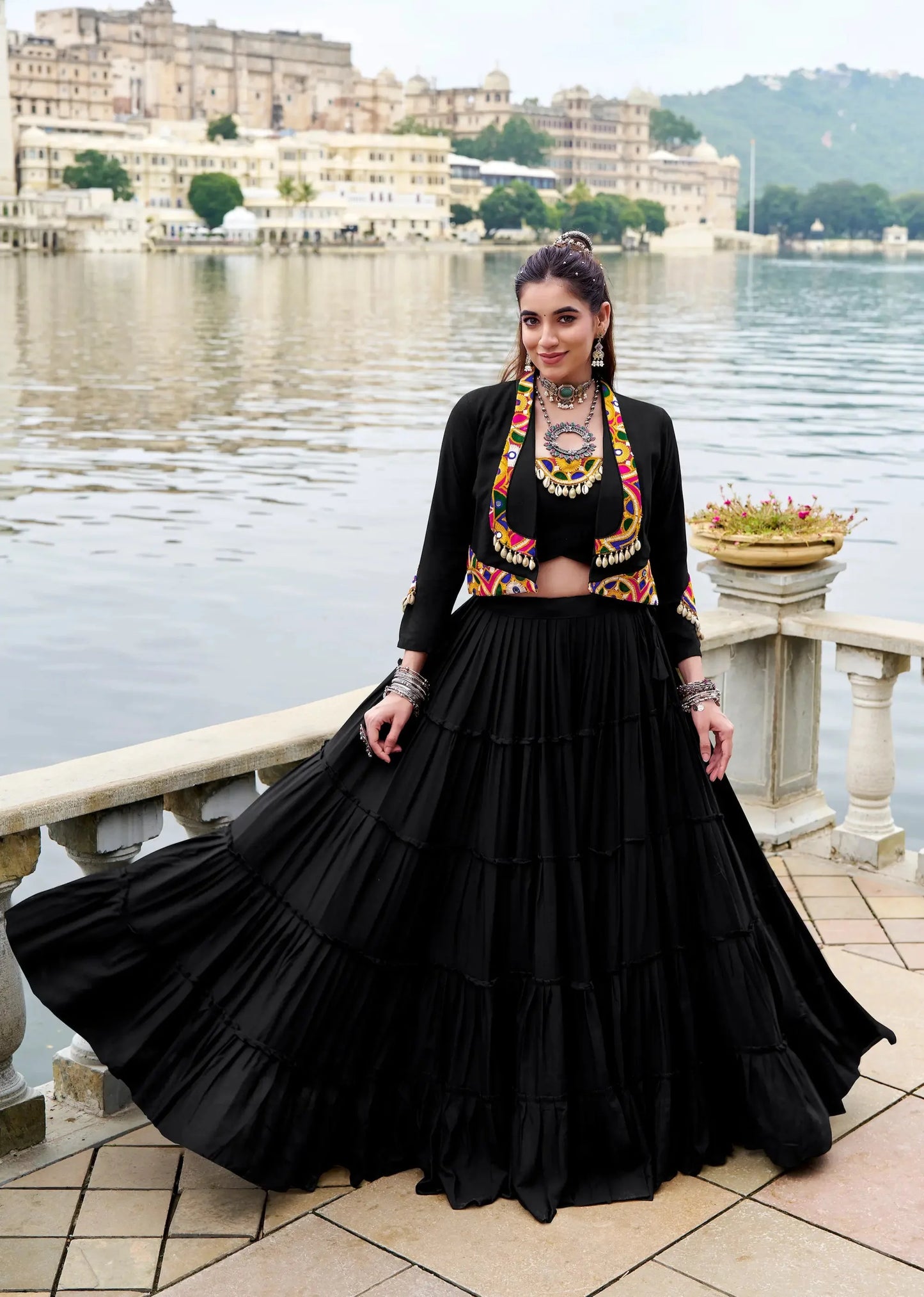 Black Rayon Gamthi Work Navratri Lehenga with Koti