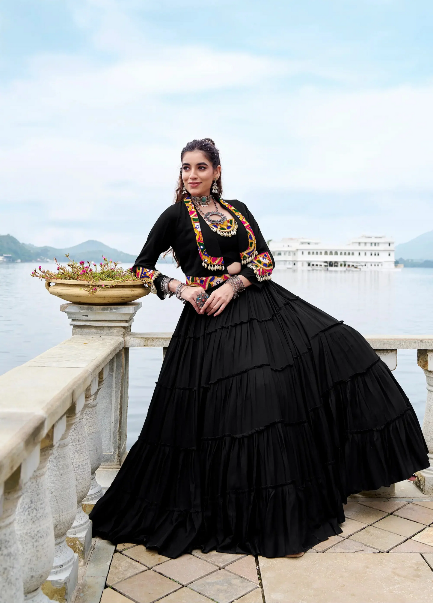Black Rayon Gamthi Work Navratri Lehenga with Koti