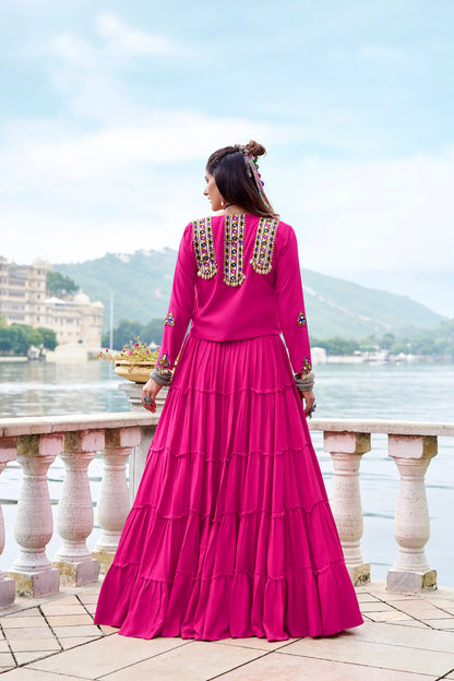 Dark Pink Rayon Gamthi Work Navratri Lehenga with Koti