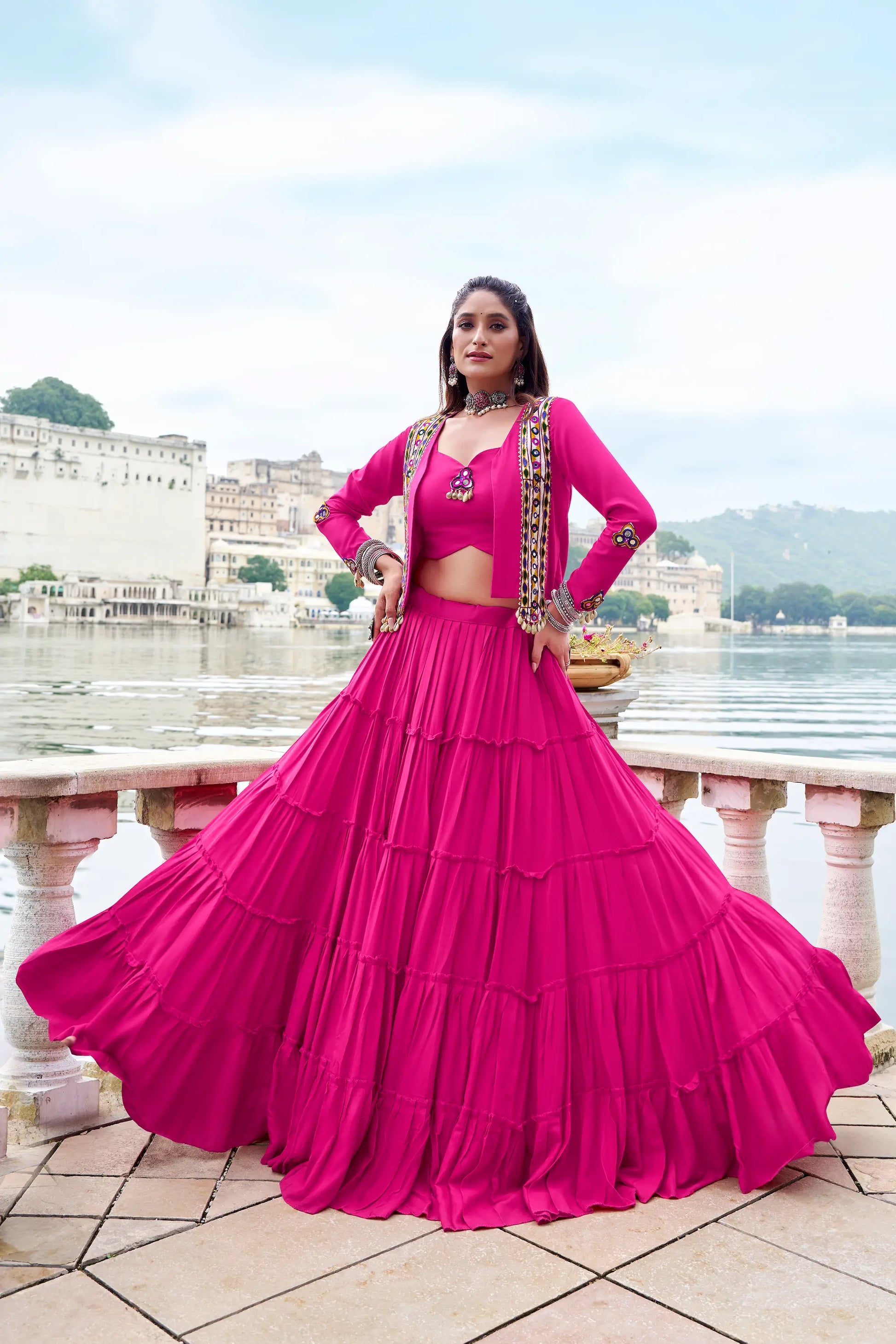 Dark Pink Gamthi Work Navratri Lehenga