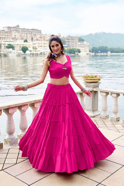 Dark Pink Rayon Gamthi Work Navratri Lehenga with Koti