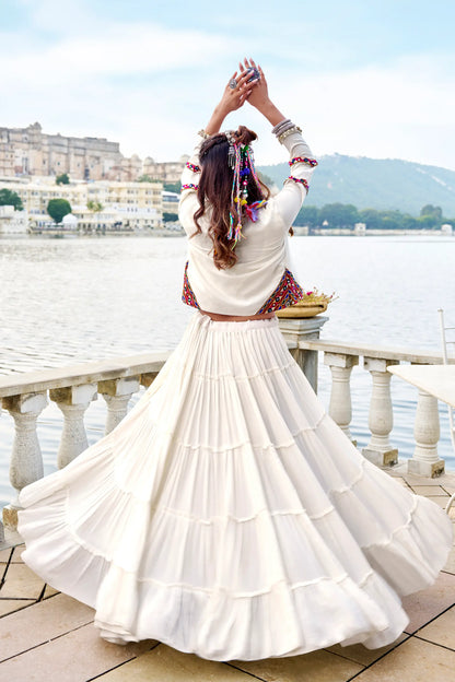 White Rayon Gamthi Work Navratri Lehenga with Koti