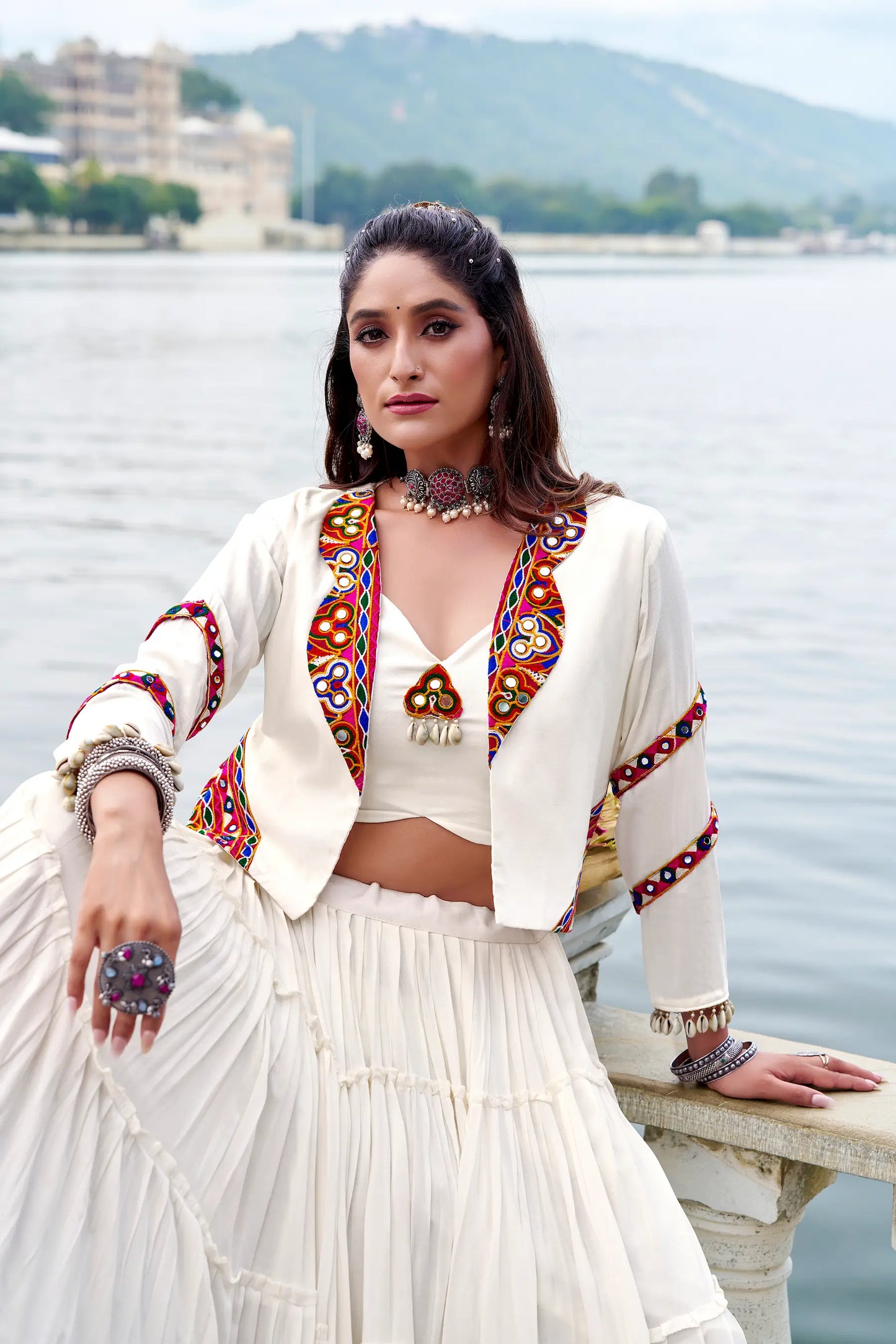 White Rayon Gamthi Work Navratri Lehenga with Koti