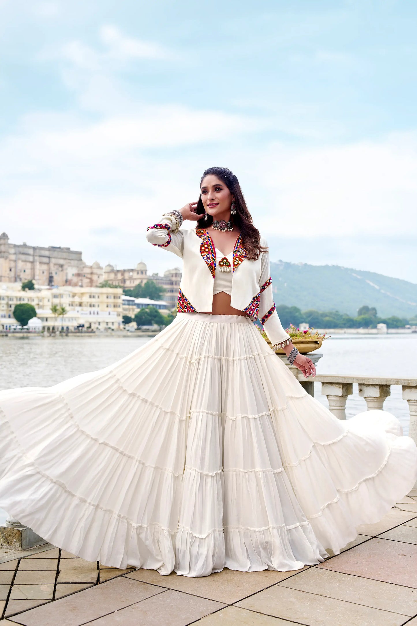 White Rayon Gamthi Work Navratri Lehenga with Koti