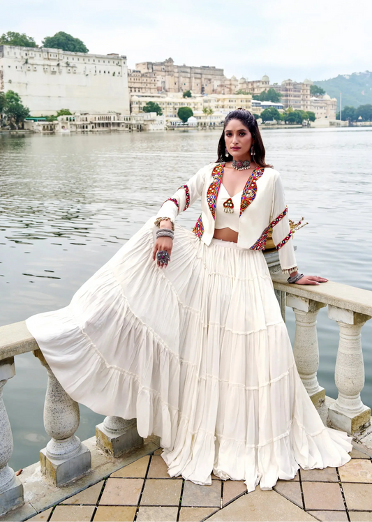 White Rayon Gamthi Work Navratri Lehenga with Koti