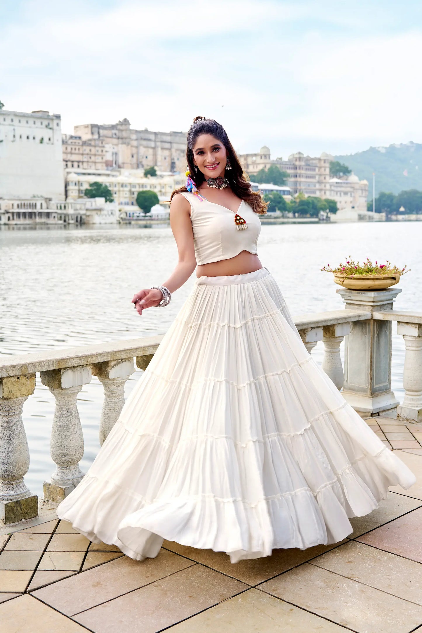 White Rayon Gamthi Work Navratri Lehenga with Koti