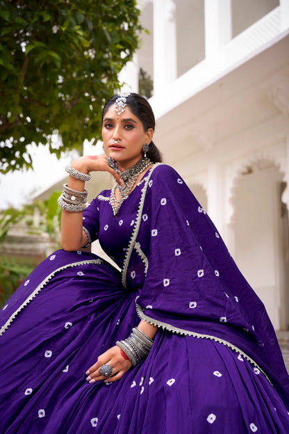 Purple Chanderi Bandhej Print Navratri Lehenga Choli With Lace Touch Up