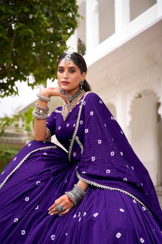 Purple Chanderi Bandhej Print Navratri Lehenga Choli With Lace Touch Up