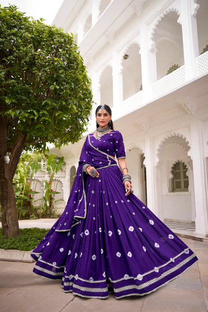 Purple Chanderi Bandhej Print Navratri Lehenga Choli With Lace Touch Up