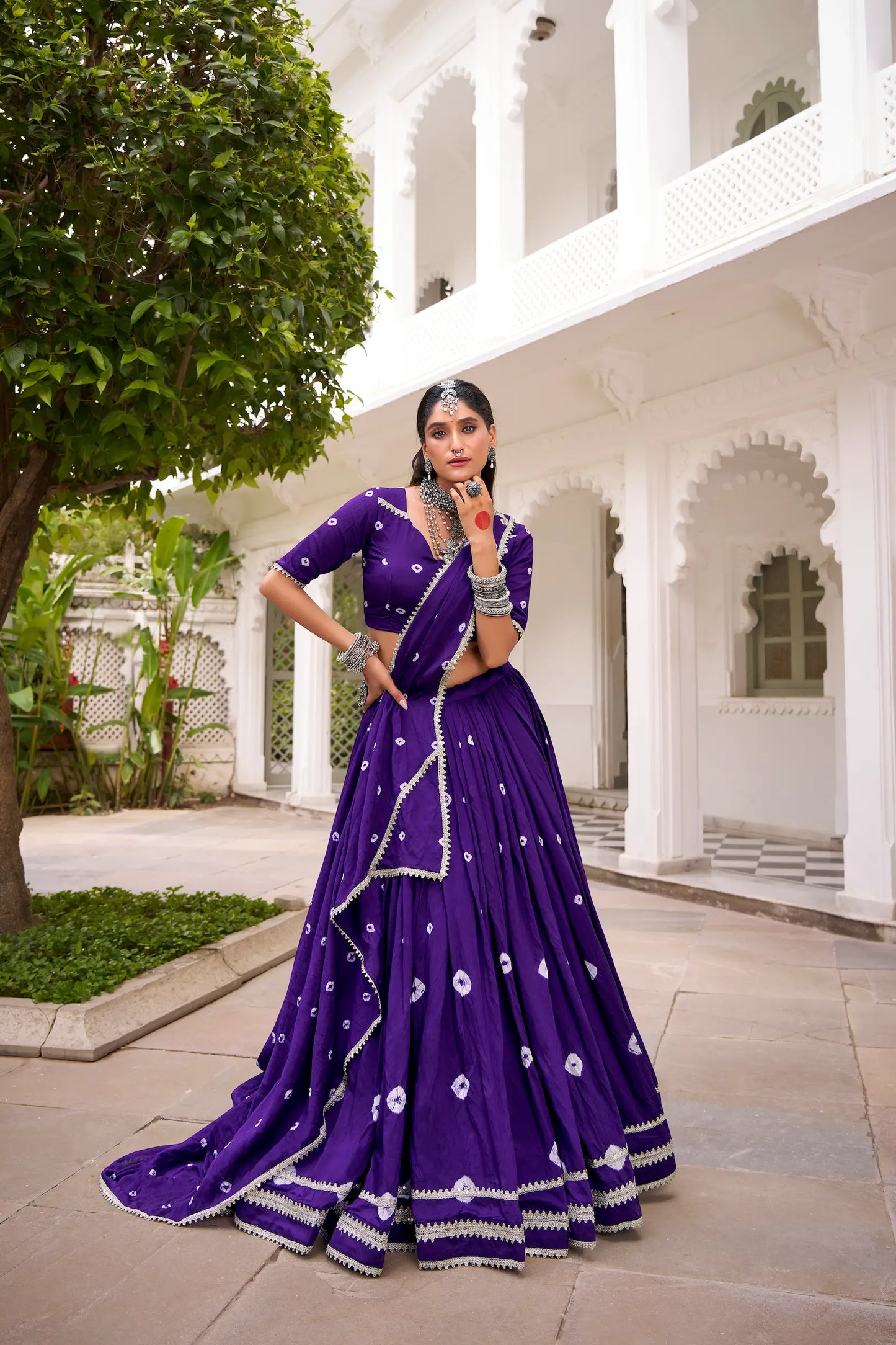 Purple Chanderi Bandhej Print Navratri Lehenga Choli With Lace Touch Up