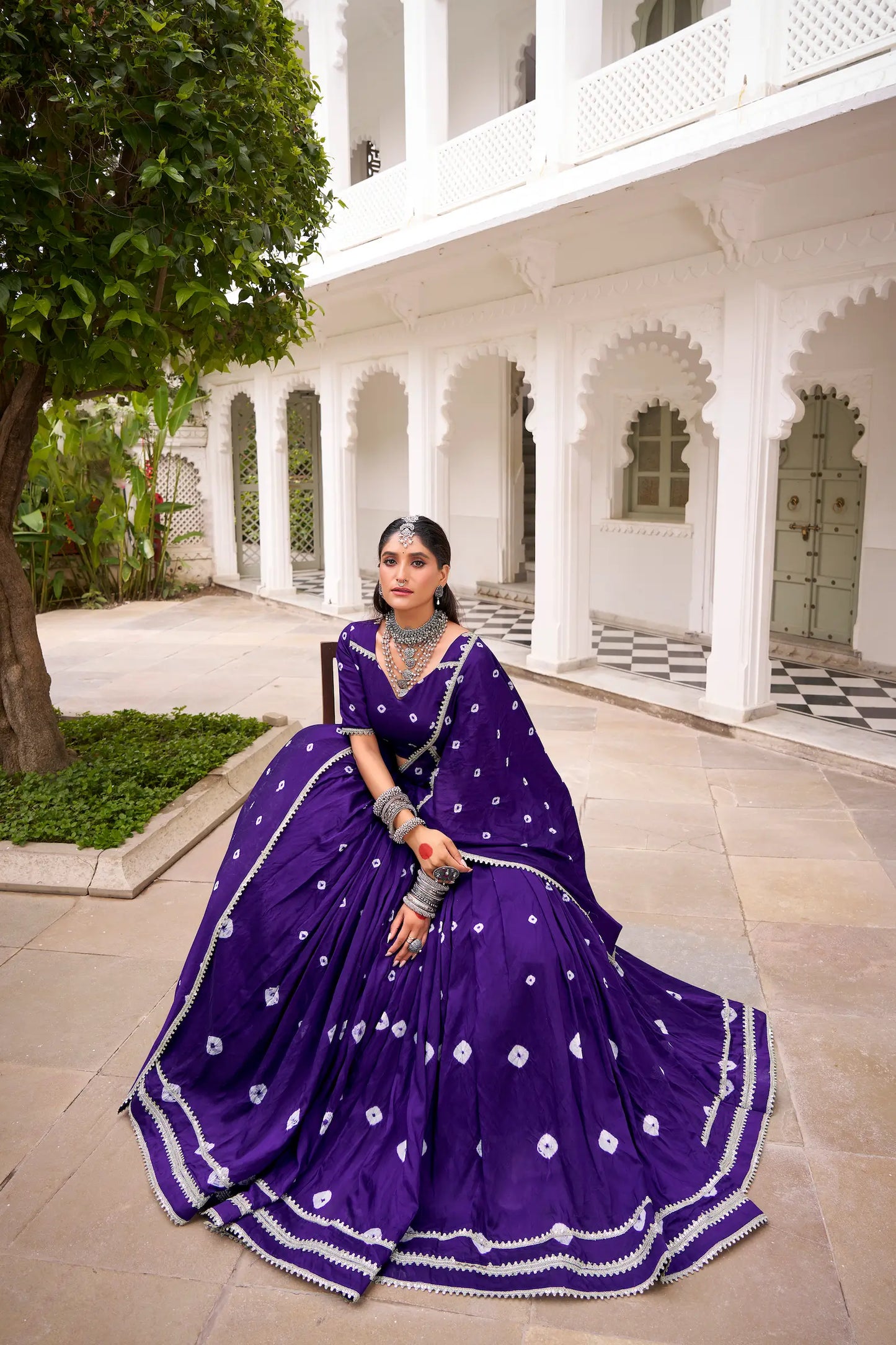 Purple Chanderi Bandhej Print Navratri Lehenga Choli With Lace Touch Up