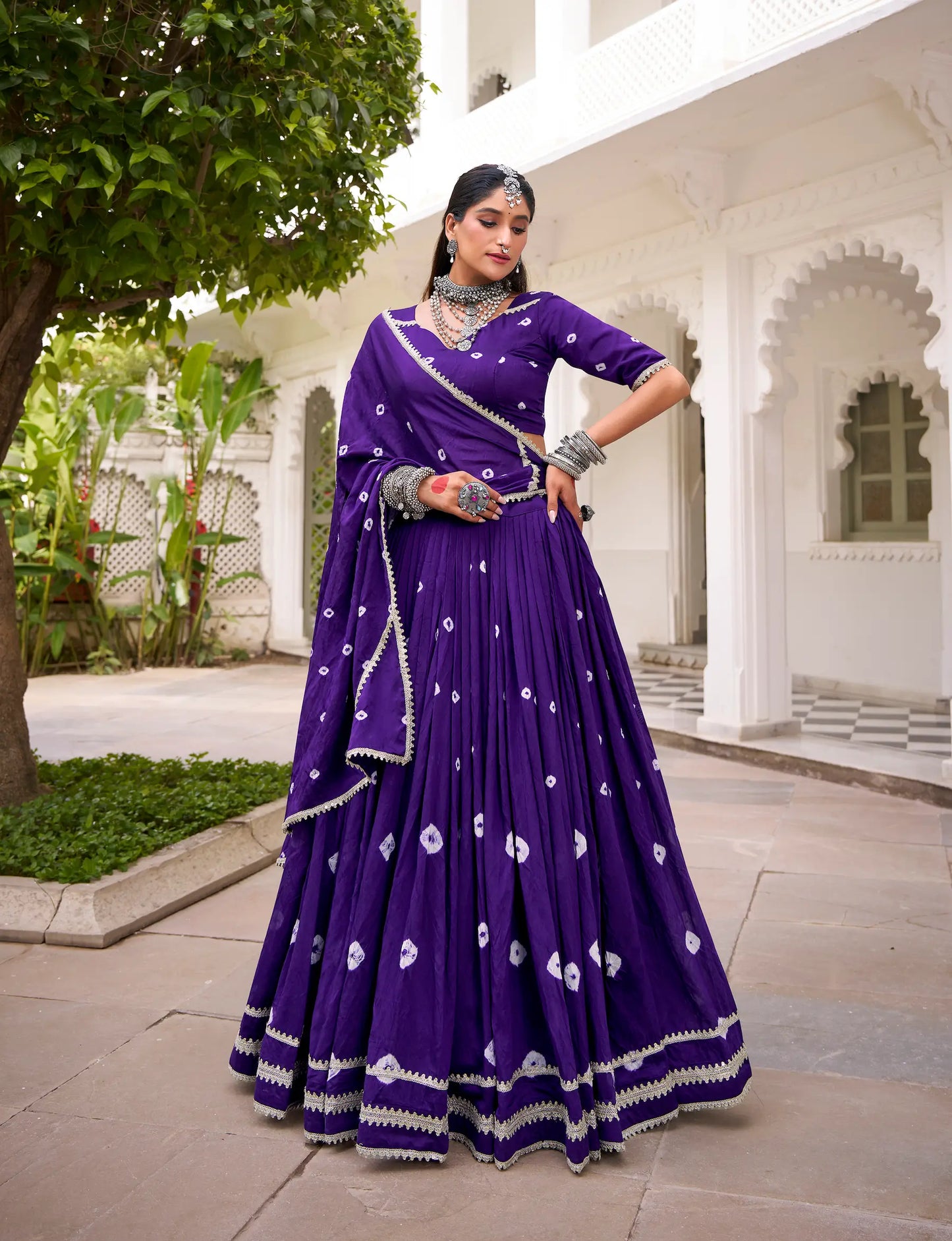 Purple Chanderi Bandhej Print Navratri Lehenga Choli With Lace Touch Up
