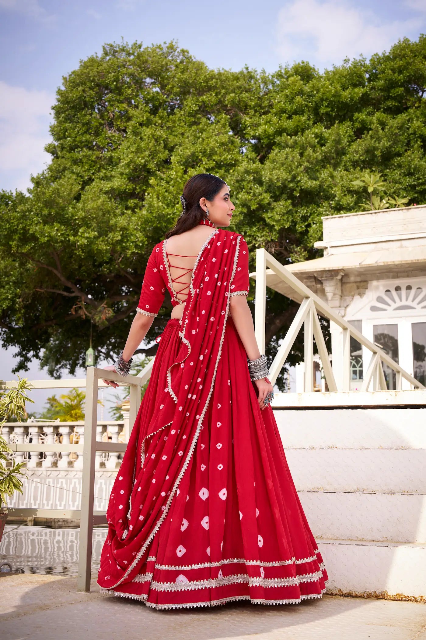 Red Chanderi Bandhej Print Navratri Lehenga Choli With Lace Touch Up