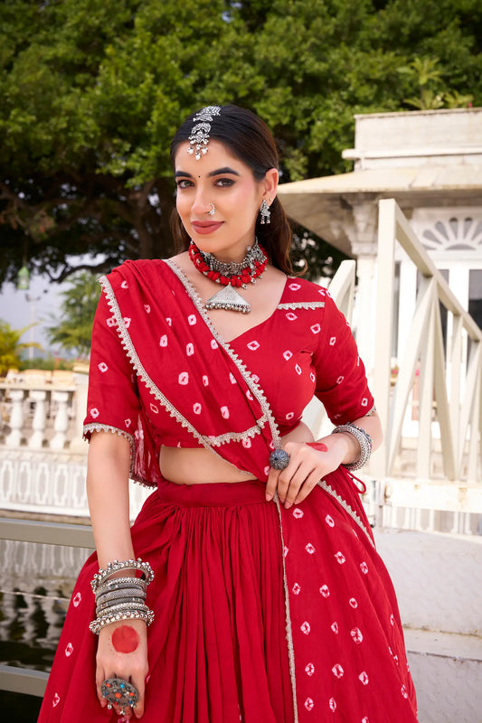 Red Chanderi Bandhej Print Navratri Lehenga Choli With Lace Touch Up