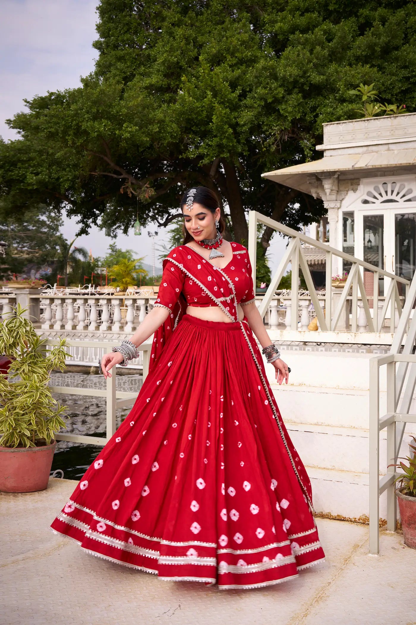 Red Chanderi Bandhej Print Navratri Lehenga Choli With Lace Touch Up