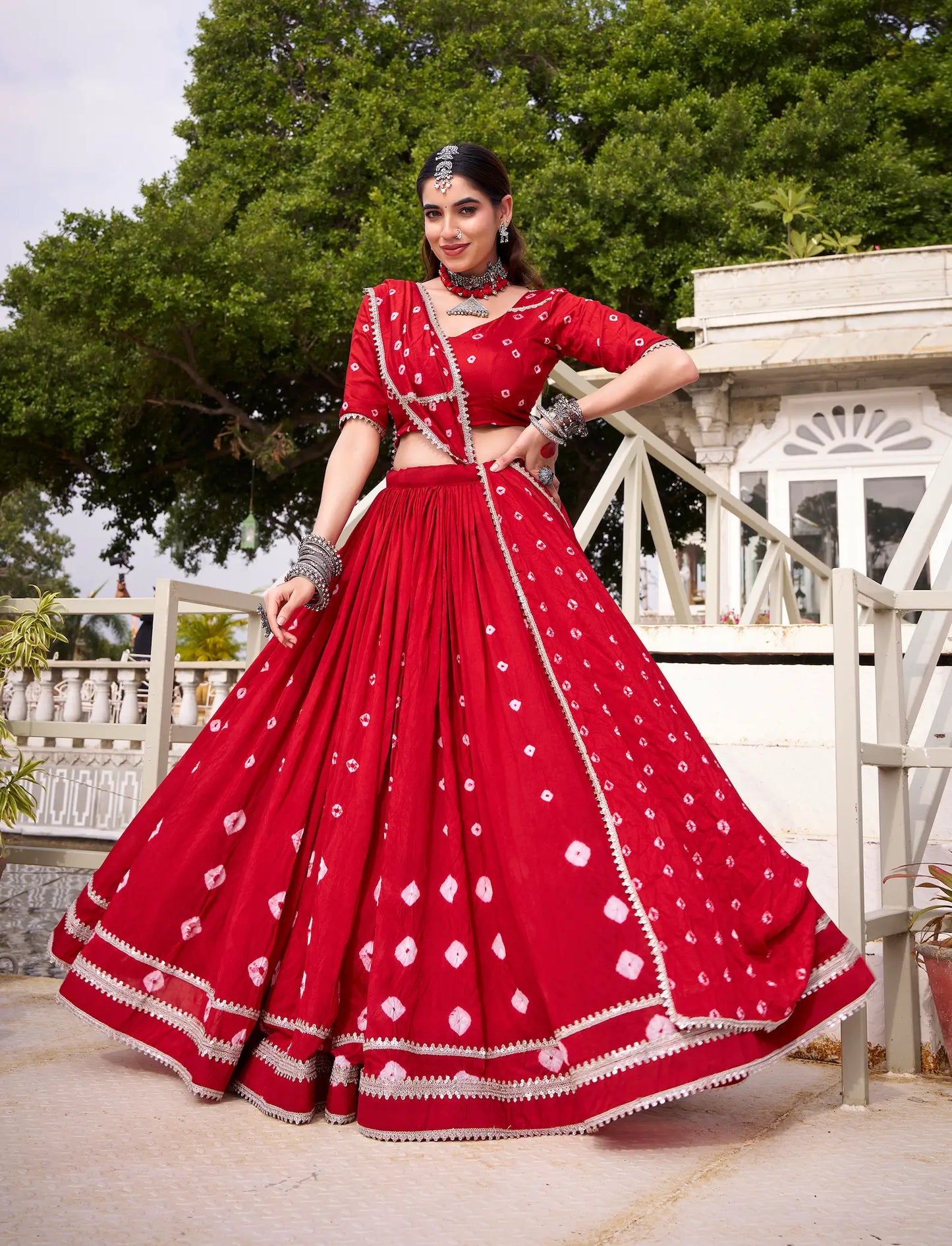 Red Chanderi Bandhej Print Navratri Lehenga Choli With Lace Touch Up