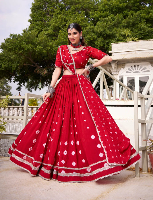 Red Chanderi Bandhej Print Navratri Lehenga Choli With Lace Touch Up