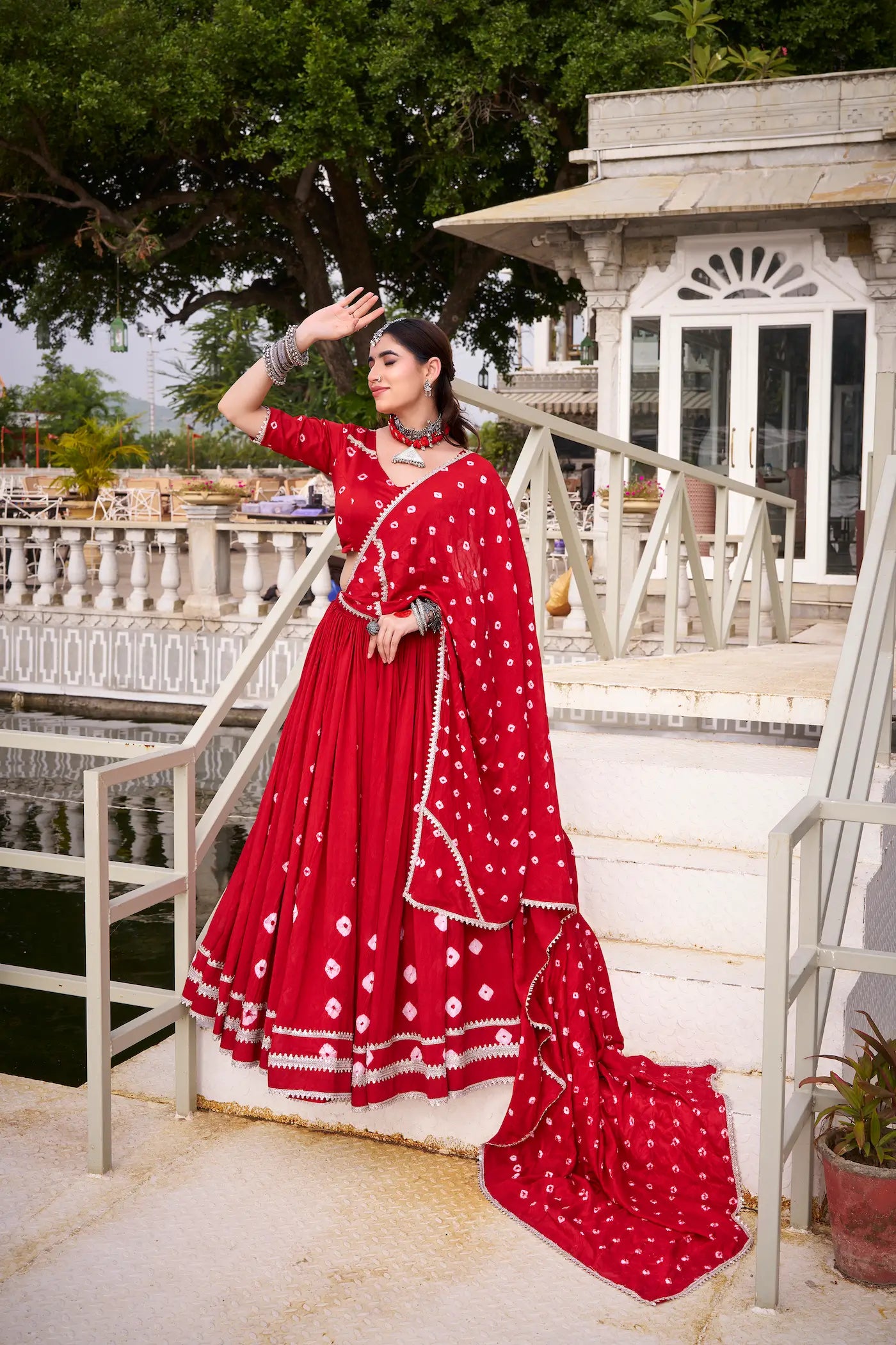 Red Chanderi Bandhej Print Navratri Lehenga Choli With Lace Touch Up