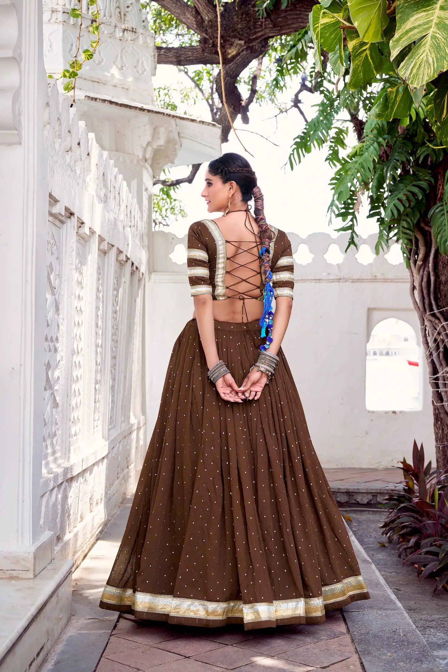 Brown Chanderi Silk Lehenga Choli With Zari Weaving & Lace Touch Up