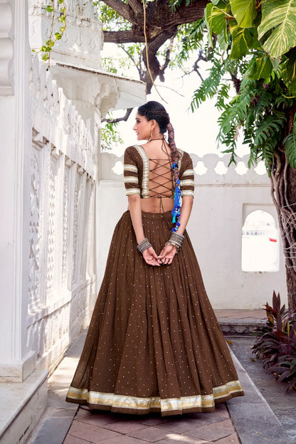 Brown Chanderi Silk Lehenga Choli With Zari Weaving & Lace Touch Up