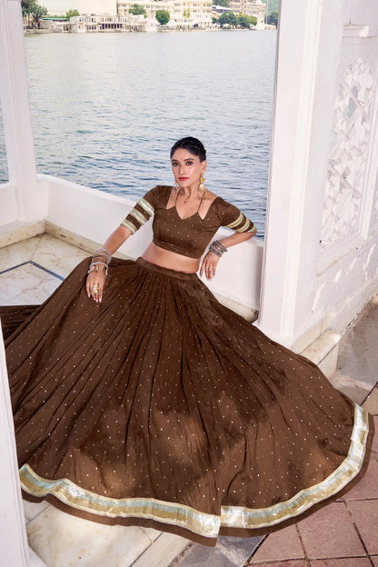 Brown Chanderi Silk Lehenga Choli With Zari Weaving & Lace Touch Up