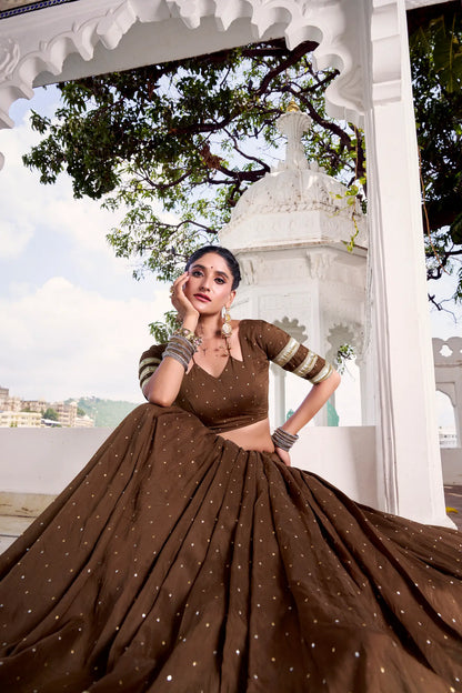 Brown Chanderi Silk Lehenga Choli With Zari Weaving & Lace Touch Up