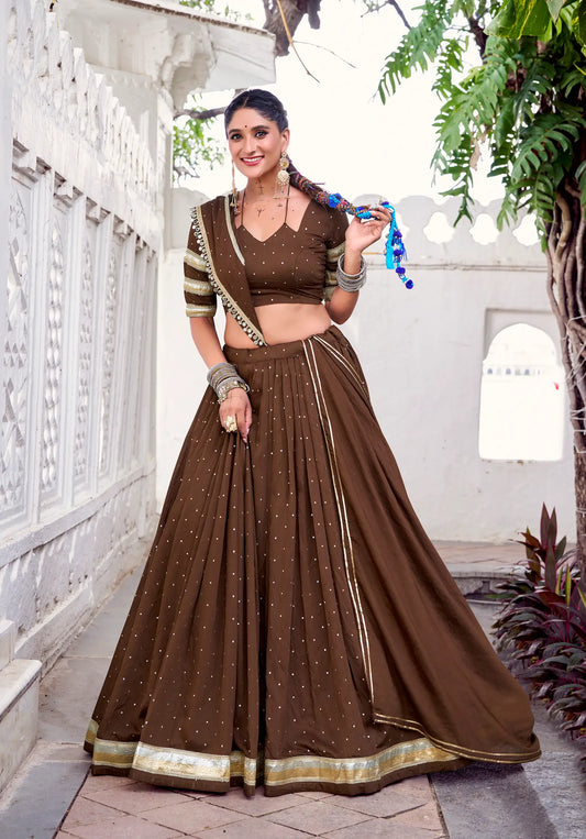 Brown Chanderi Silk Lehenga Choli With Zari Weaving & Lace Touch Up