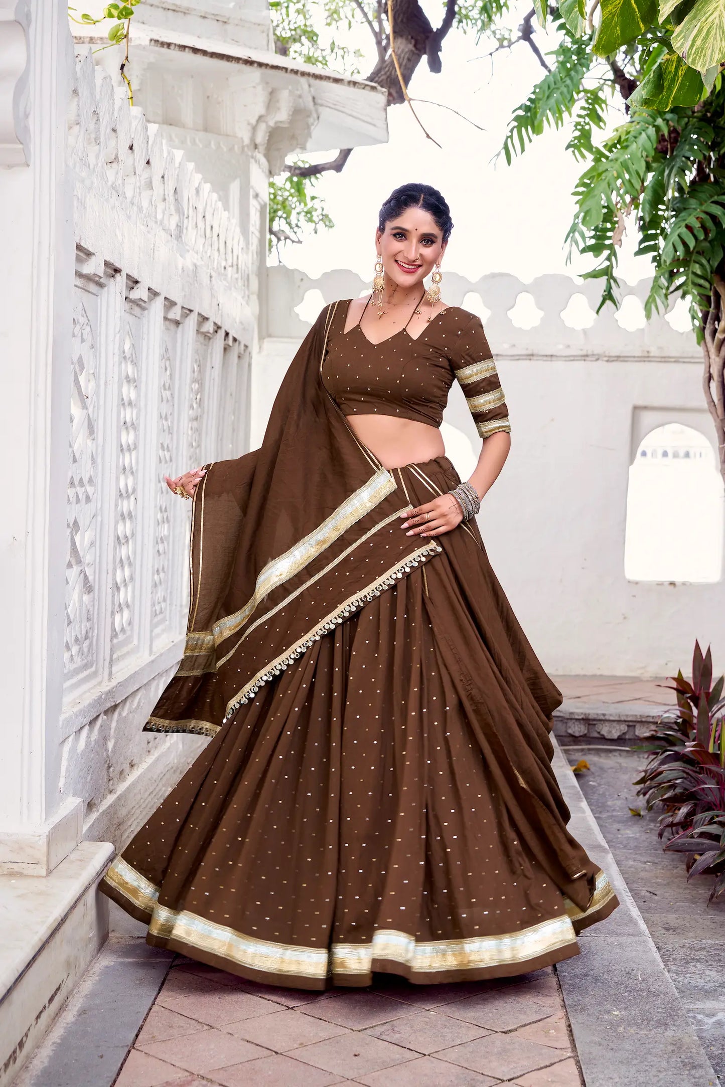 Brown Chanderi Silk Lehenga Choli With Zari Weaving & Lace Touch Up