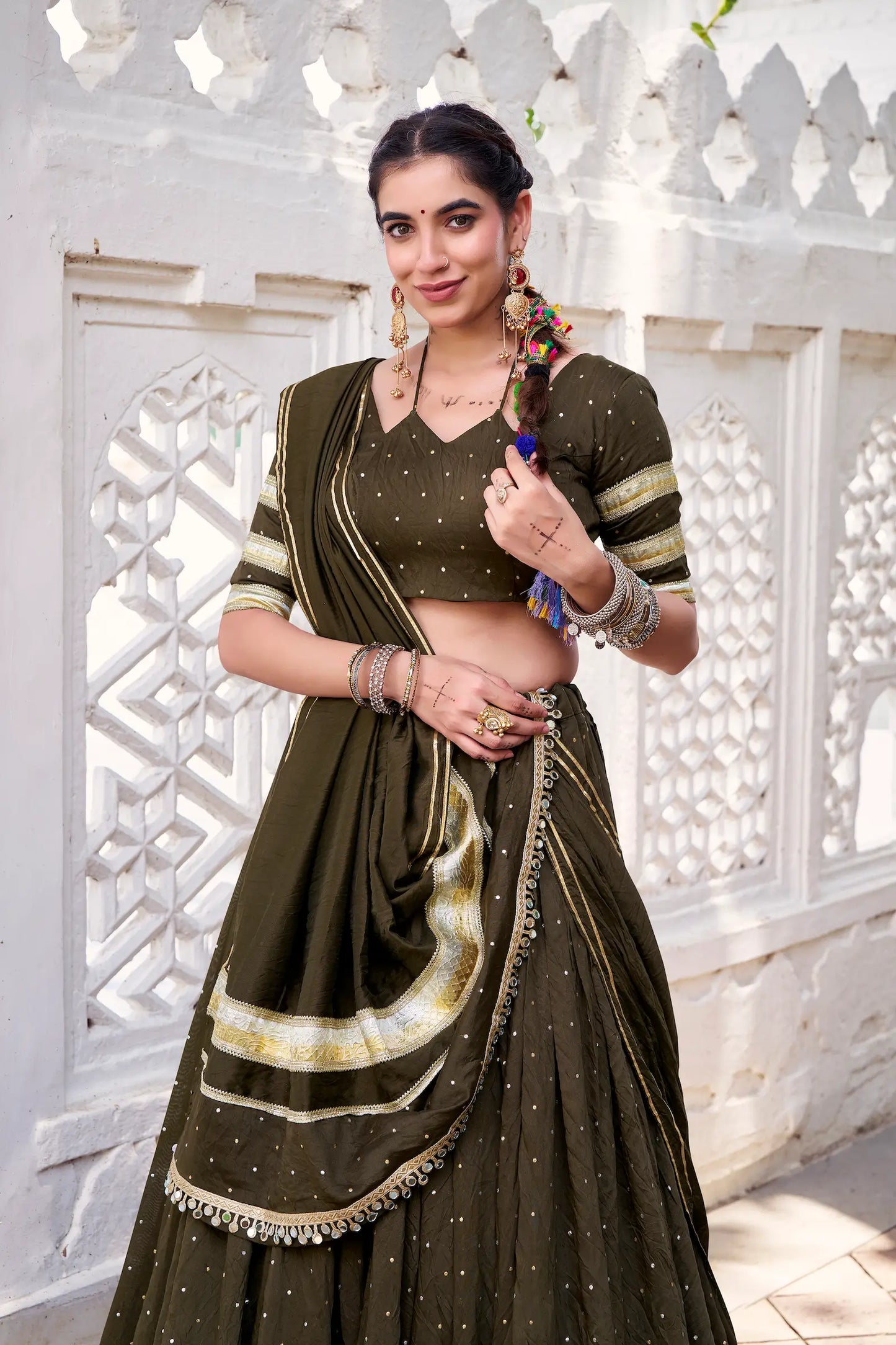 Olive Green Chanderi Silk Lehenga Choli With Zari Weaving & Lace Touch Up