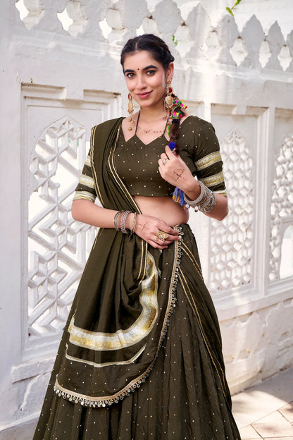 Olive Green Chanderi Silk Lehenga Choli With Zari Weaving & Lace Touch Up