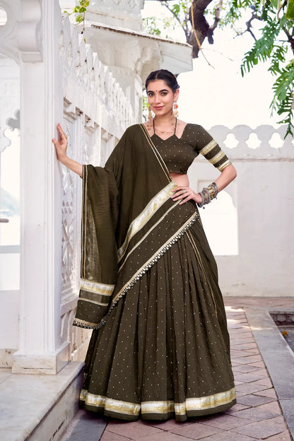 Olive Green Chanderi Silk Lehenga Choli With Zari Weaving & Lace Touch Up