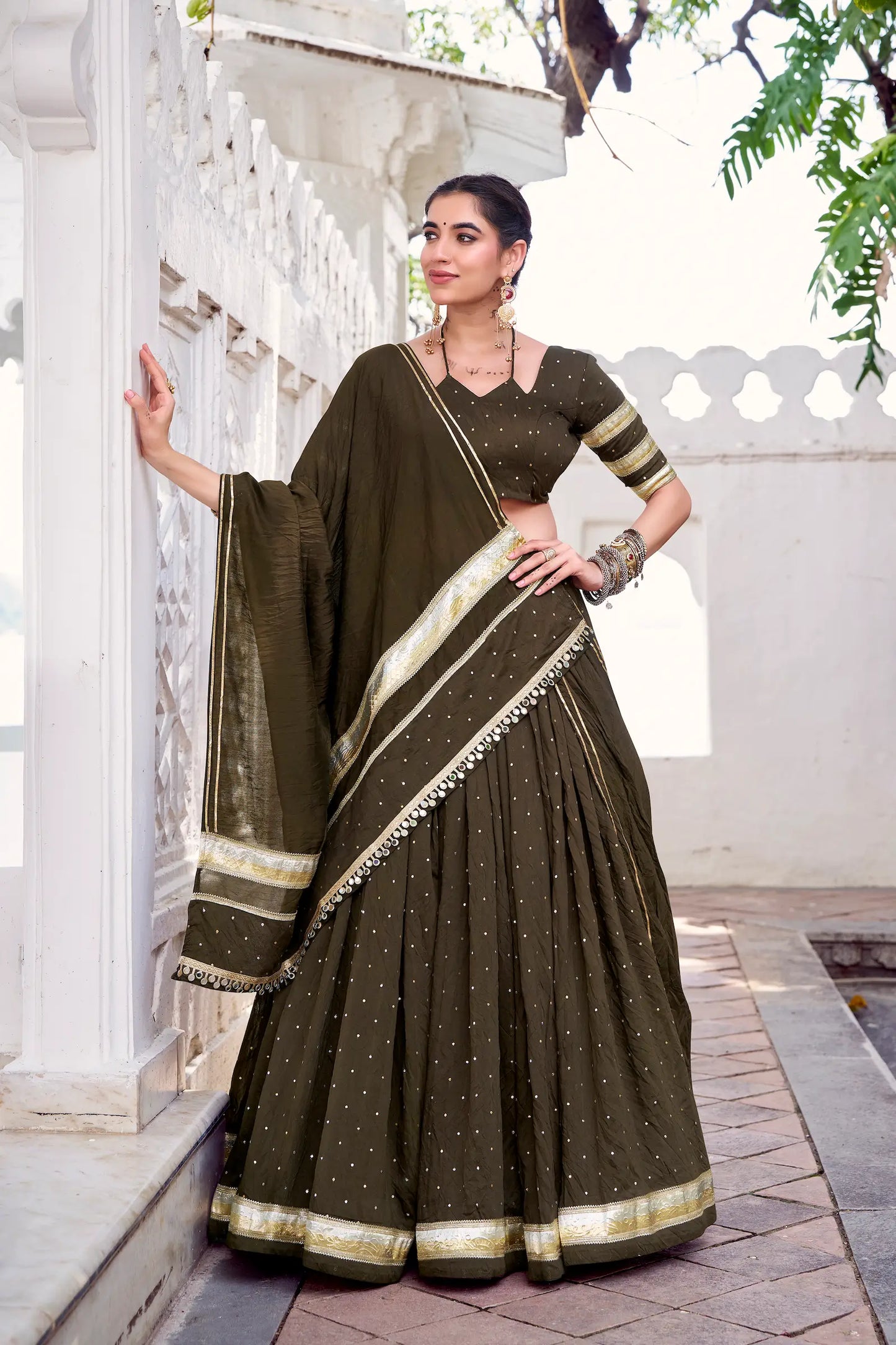 Olive Green Chanderi Silk Lehenga Choli With Zari Weaving & Lace Touch Up