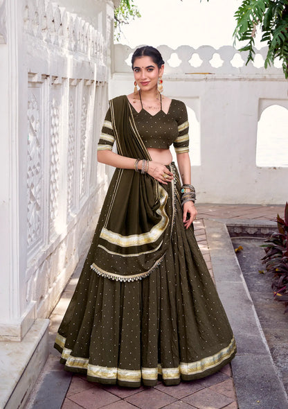 Olive Green Chanderi Silk Lehenga Choli With Zari Weaving & Lace Touch Up