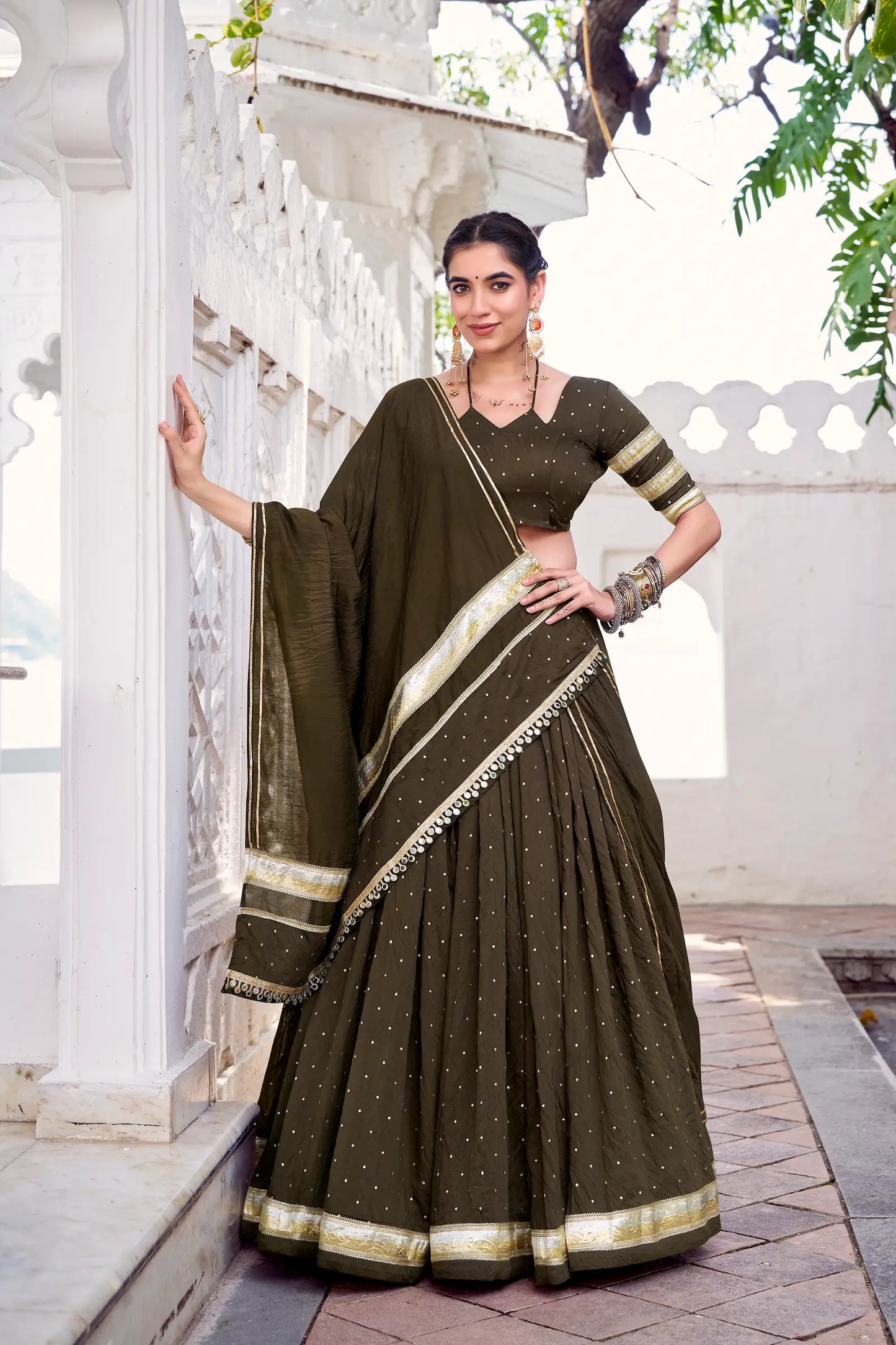 Olive Green Chanderi Silk Lehenga Choli With Zari Weaving & Lace Touch Up