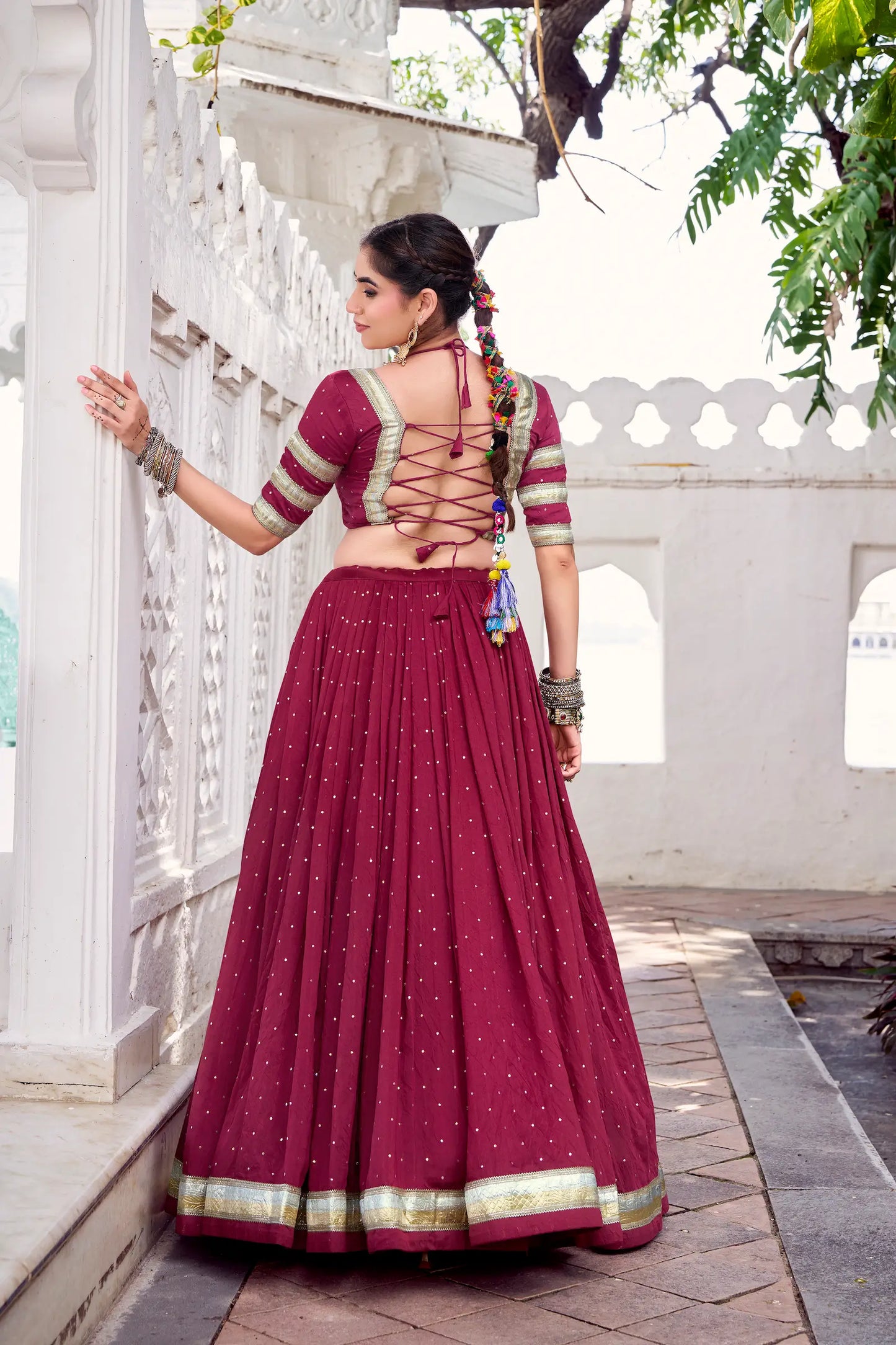 Maroon Chanderi Silk Lehenga Choli With Zari Weaving & Lace Touch Up