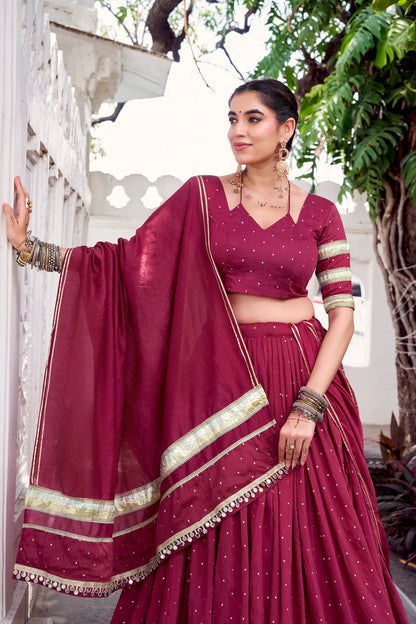 Maroon Chanderi Silk Lehenga Choli With Zari Weaving & Lace Touch Up