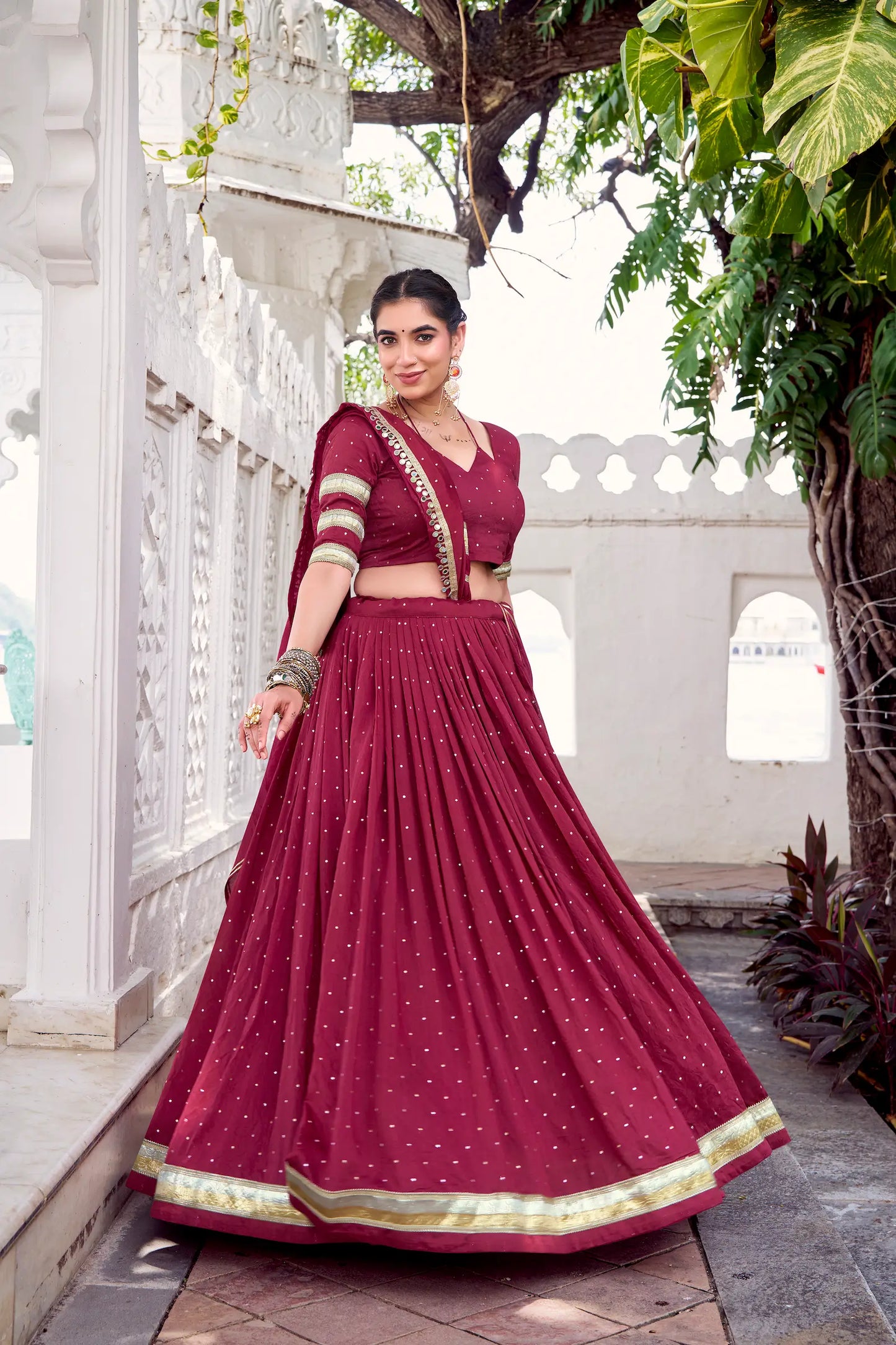 Maroon Chanderi Silk Lehenga Choli With Zari Weaving & Lace Touch Up