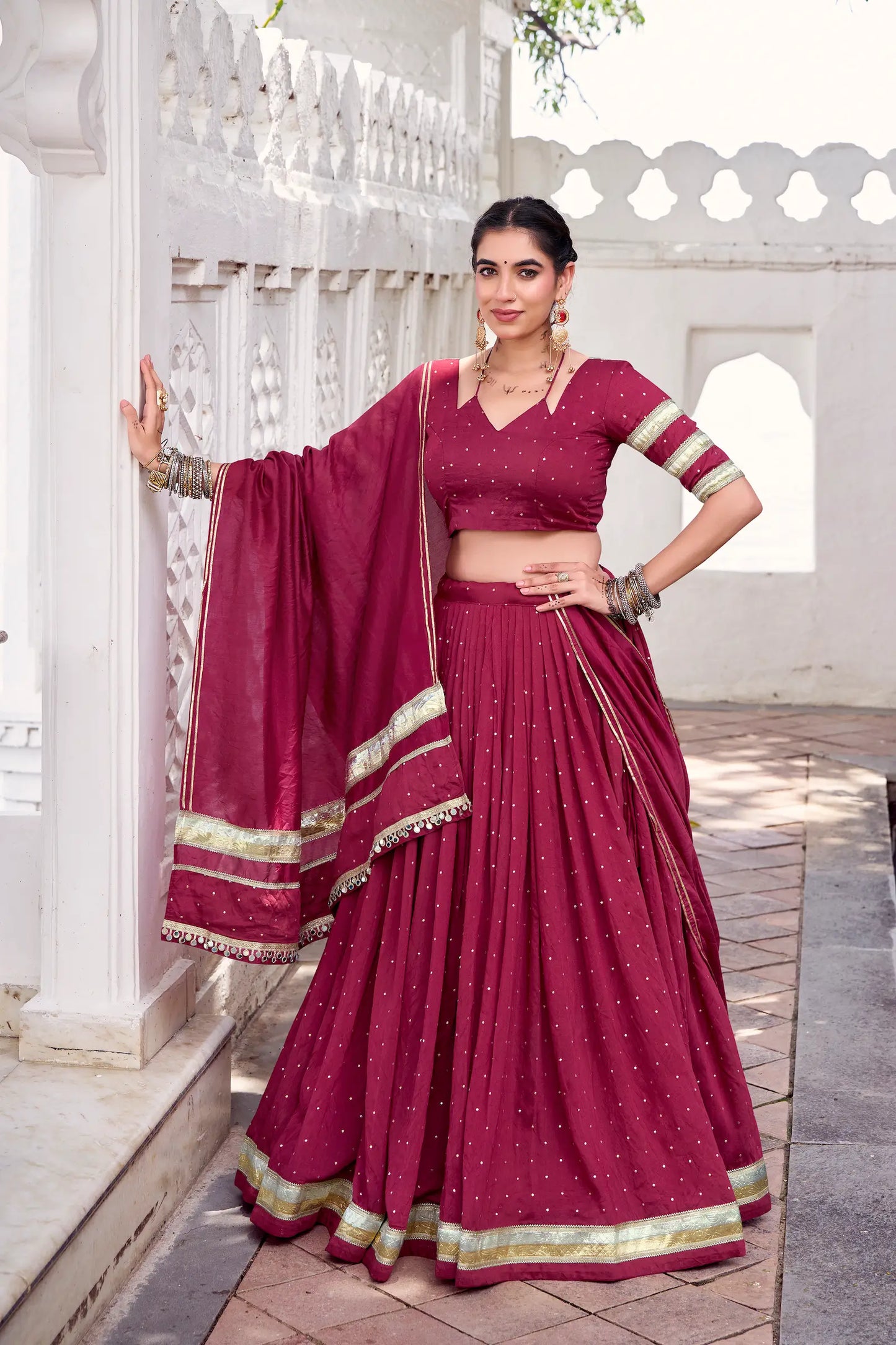 Maroon Chanderi Silk Lehenga Choli With Zari Weaving & Lace Touch Up