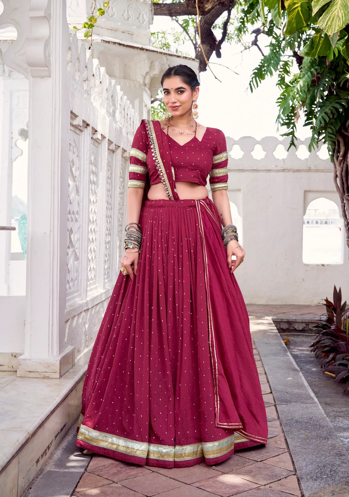 Maroon Chanderi Silk Lehenga Choli With Zari Weaving & Lace Touch Up