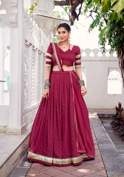 Maroon Chanderi Silk Lehenga Choli With Zari Weaving & Lace Touch Up