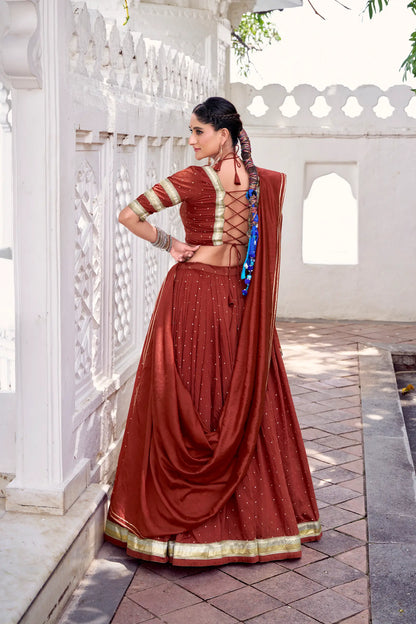 Rust Orange Chanderi Silk Lehenga Choli With Zari Weaving & Lace Touch Up