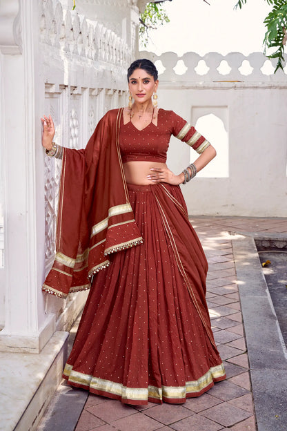 Rust Orange Chanderi Silk Lehenga Choli With Zari Weaving & Lace Touch Up
