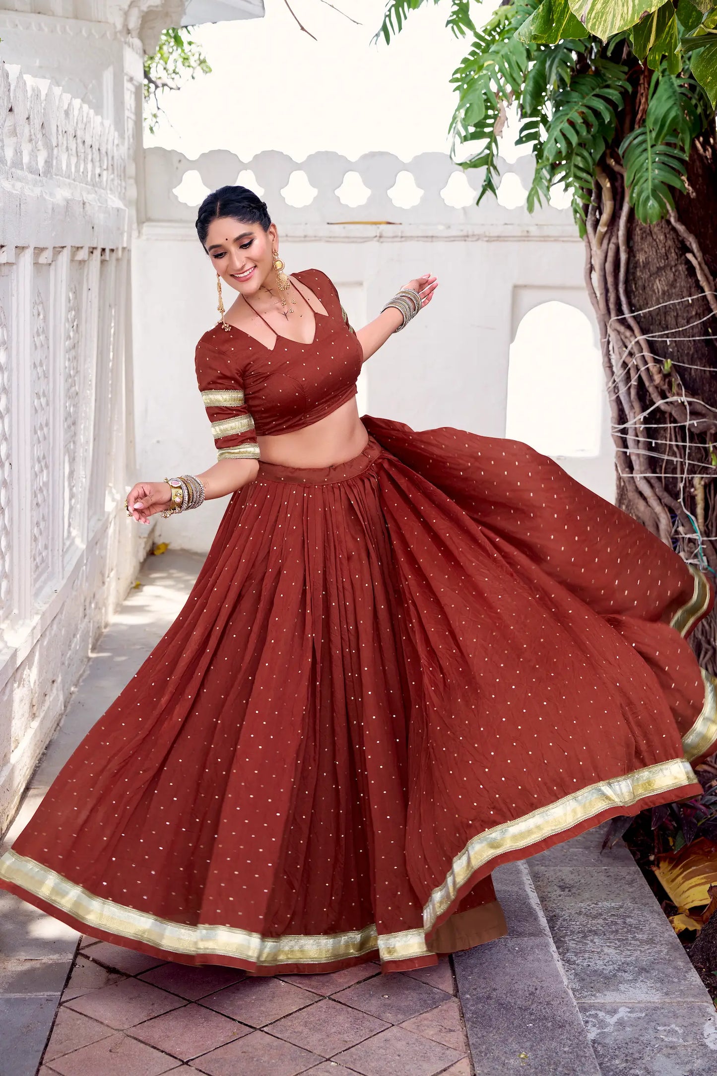 Rust Orange Chanderi Silk Lehenga Choli With Zari Weaving & Lace Touch Up