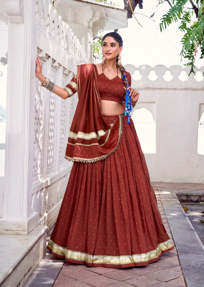Rust Orange Chanderi Silk Lehenga Choli With Zari Weaving & Lace Touch Up