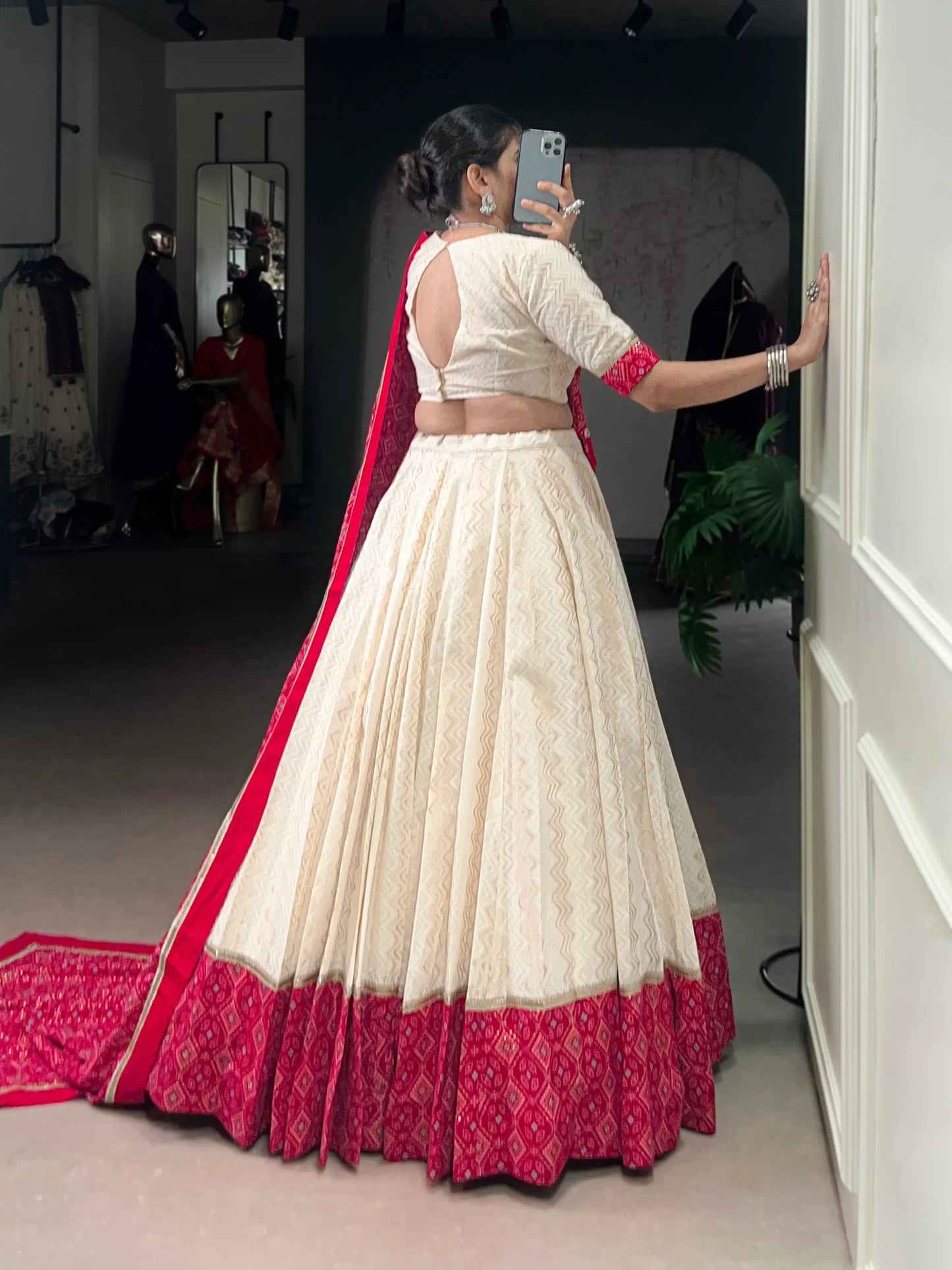 Beige Cotton Navratri Lehenga Choli With Print & Lace Touch Up